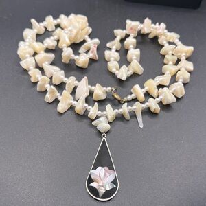 Vintage Cream Mother-of-Pearl Floral Teardrop Pendant